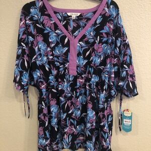 The Pioneer Woman Sleeve Dolman Top Women Size Large Floral Black / Purple NEW